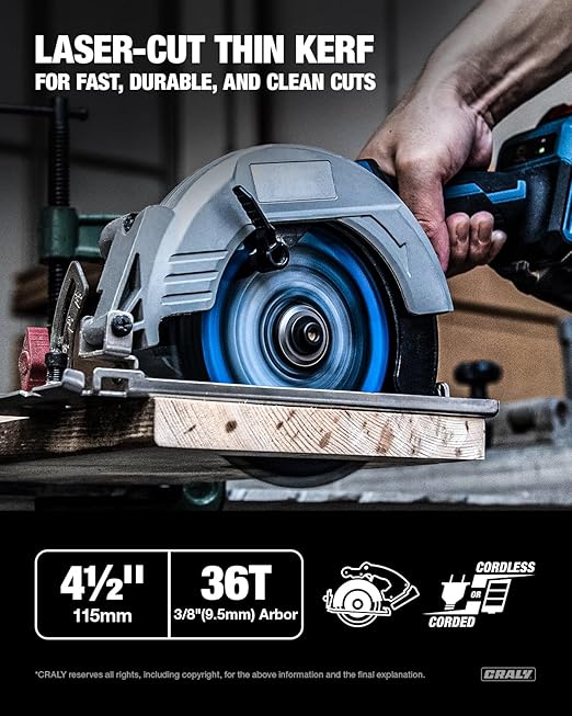 CRALY 4-1/2 Inch 36 Teeth Fine Finish Wood Cutting Circular Saw Blade, 3/8 Inch Arbor, Carbide Tipped, Thin Kerf, Black Ice™ Coating, for Plywood, MDF, OSB, Laminated, 2-Pack(C0436FF-2)