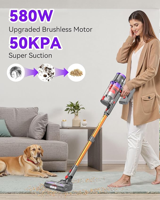 Coovy Cordless Vacuum Cleaner SU7, 580W 50Kpa 75 Minutes Runtime Stick Vacuum with Touch Screen, Anti-Tangle Wireless Powerful Lightweight Vac for Home Pet Hair Carpet Hardwood, Gold