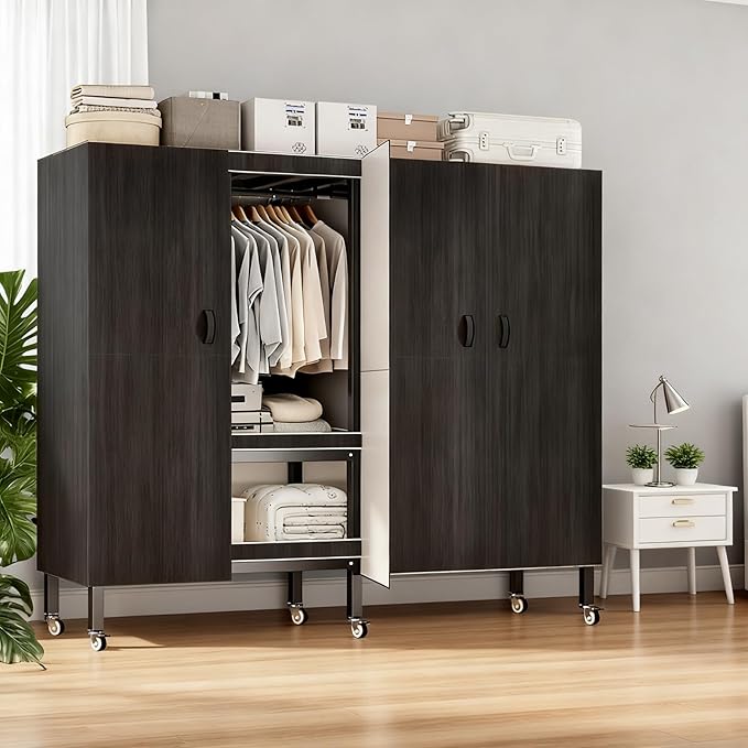 Foldable Portable Armoire Wardrobe Closet for Hanging Clothes Rack, Heavy Duty Covered Clothes Rack with Cover(HARDBOARD Magnetic), Closet Garment Rack for Bedroom Storage (KT Black, 59.05in)