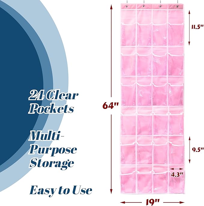 Simple Houseware 24 Pockets - Crystal Clear Over The Door Hanging Shoe Organizer, Pink (64'' x 19'')