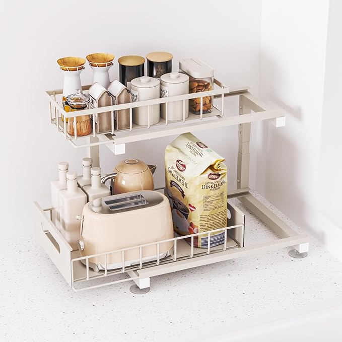 2 Pack Under Sink Organizer, 2-Tier Heavy Duty Metal Pull Out Cabinet Organizer Slide Out Sink Shelf Organizer Height Adjustable, Multi-Purpose Storage Shelf for Kitchen Bathroom (Sand, 1 Pack)
