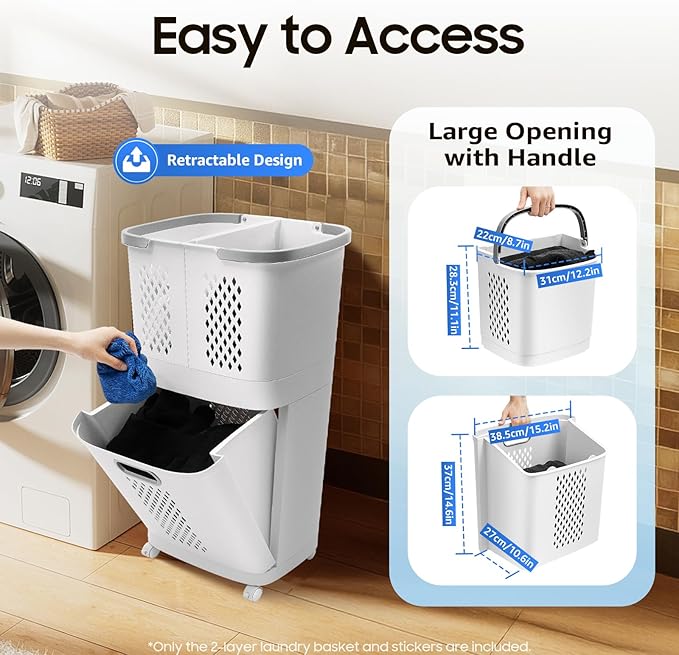 Household Storage Basket, 360° Rolling Movable Laundry Basket,Floor-Standing White Multi-layer Clothes Organizer for Kitchen,living Room and Bathroom (2 Tiers)