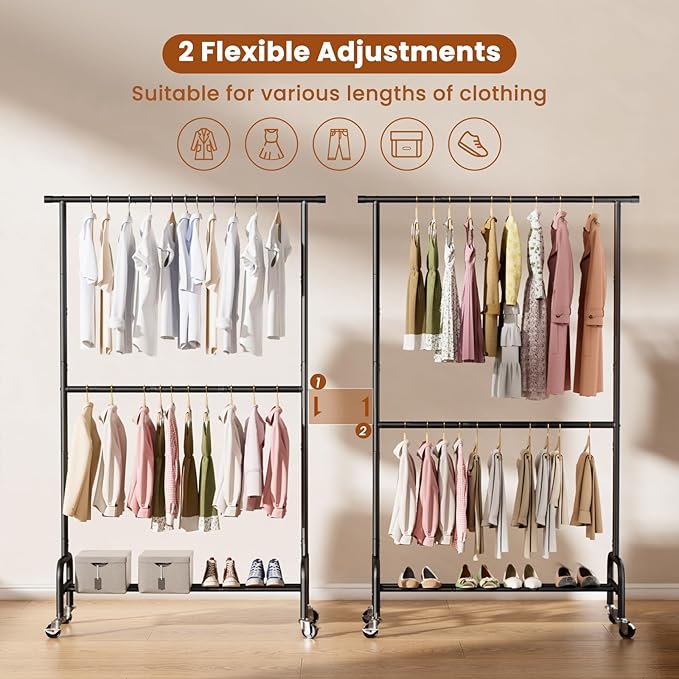 Abiglifty 2 Tier Clothes Rcks for Hanging Clothes, Heavy-Duty Clothing Rack with Wheels,150LBS Capacity, 42" W X15 D X 77" H Garment Rack with Bottom Shelf, for Bedroom, Living Room, Black