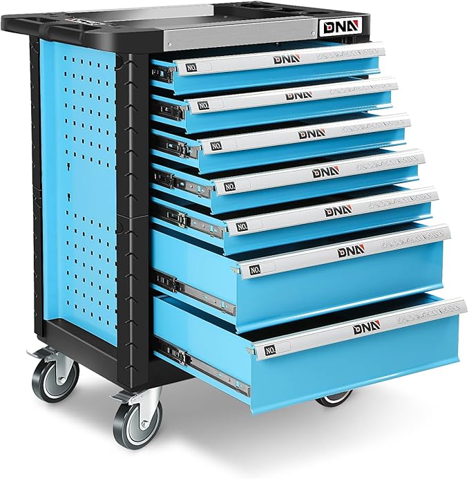 DNA MOTORING 7-Drawer Rolling Tools Chest, Rolling Tool Storage Cabinet, Heavy Duty Mechanic Tool Cart, Trolley Organizer for Garage, Warehouse, Workshop, Blue, TOOLS-00482