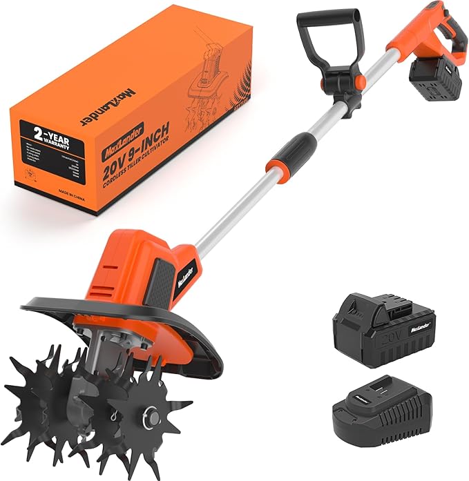 MAXLANDER 20V Cordless Tiller Cultivator, 9-Inch Electric Garden Tiller with 48 Steel Tines, 360RPM Battery Powered Rototiller for Gardening, 4.0Ah Battery and Charger Included
