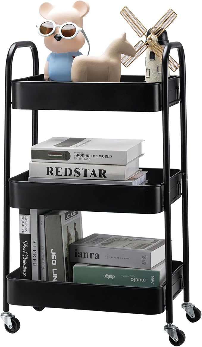 SETTFRFE 3 Tier Rolling Cart Metal,File and Art Cart with Wheels,Storage Shelf Organizer Cart for Bathroom,Office,Kitchen,Black