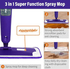Mops for Floor Cleaning, Wet and Dry Spray Mop with Refillable Spray Bottle and 3 Washable Microfiber Pads Home or Commercial Use Flat Mop for Hardwood Laminate Wood Ceramic, Purple