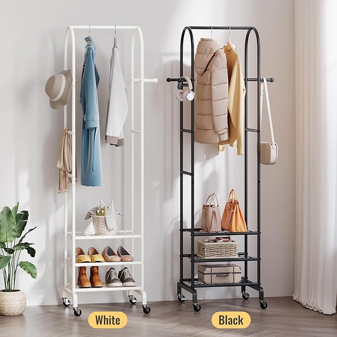 Garment Rack with Wheels,Small Metal Coat Rack With 4 Hooks,Freestanding Heavy Duty Clothing Rack with Shoe Shelves,Hanging Rod for Small Space,Bedroom,Entryway, Office, Living Room (White)