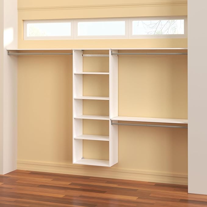 ClosetMaid SuiteSymphony Hanging Closet Kit Includes (1) Tower, (3) Closet Rods, (6) Shelves, and (3) Top Shelves w/Brackets, White