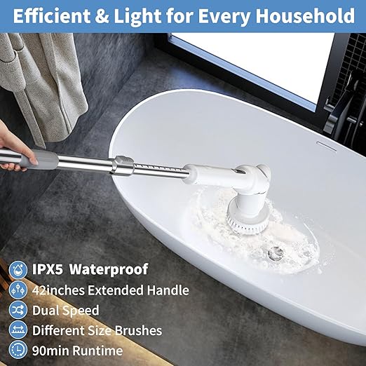 Electric Spin Scrubber - Cordless Cleaning Brush with Digital Display, 2 Speeds, 8 Brush Heads, IPX7 Waterproof, Adjustable Long Handle for Bathroom, Tub, Tile, Shower, and Car（Grey）