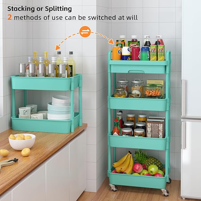 Calmootey 4-Tier Rolling Utility Cart with Drawer,Multifunctional Storage Organizer with Plastic Shelf & Metal Wheel,Storage Cart for Kitchen,Bathroom,Living Room,Office,Green