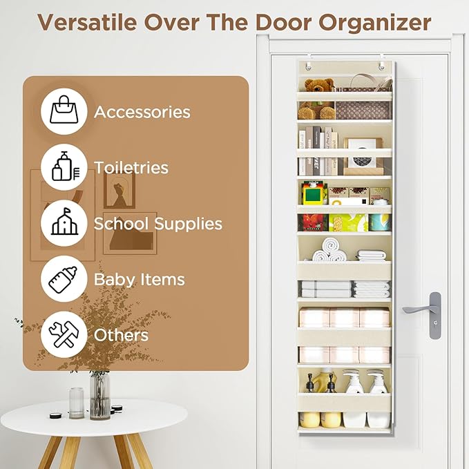 Over The Door Organizer, 6 Shelf Door Hanging Organizers with 6 Large Capacity Pockets, Behind Door Storage Hanging Shelves for Closet Wall Bathroom Bedroom Nursery