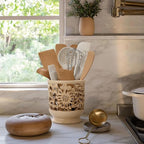 Farmhouse Kitchen Utensil Holder for Countertop, Ceramic Large Cooking Utensil Crock with Cork Mat, Decorative Rustic Utensil Holder for Kitchen Counter, Hollow Carving Flower, Beige