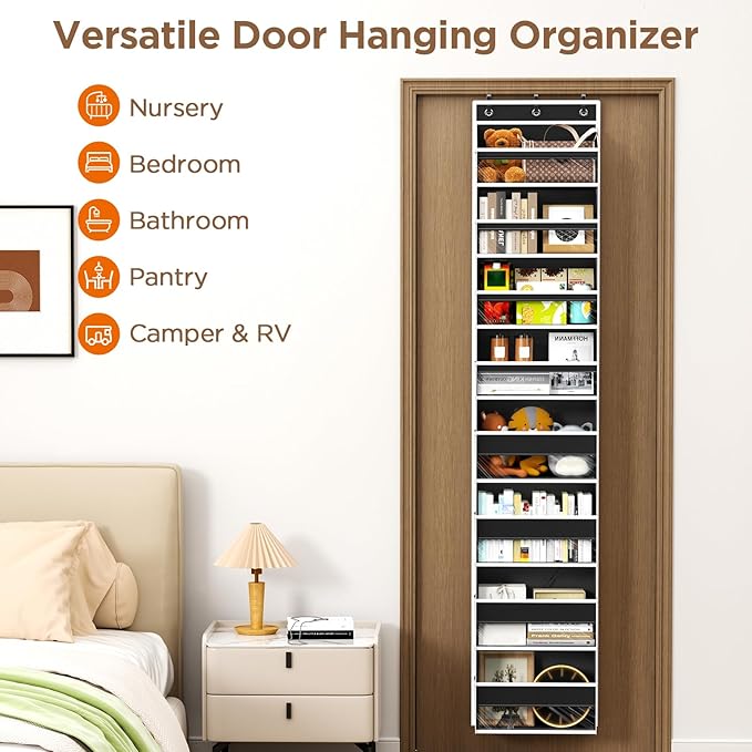 Over The Door Organizer, 8 Shelf Door Hanging Organizers with 8 Large Capacity Pockets, Back of Door Organizer Storage Hanging Shelves for Closet Bathroom Bedroom Nursery