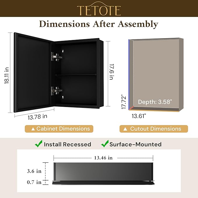 TETOTE 14 x 18 Medicine Cabinet with Tempered Beveled Mirror Black Mirrored Medicine Cabinets for Bathroom Aluminum Cabinet DTC Hinges, Stepless Adjustable Shelves, Recessed/Surface-Mounted
