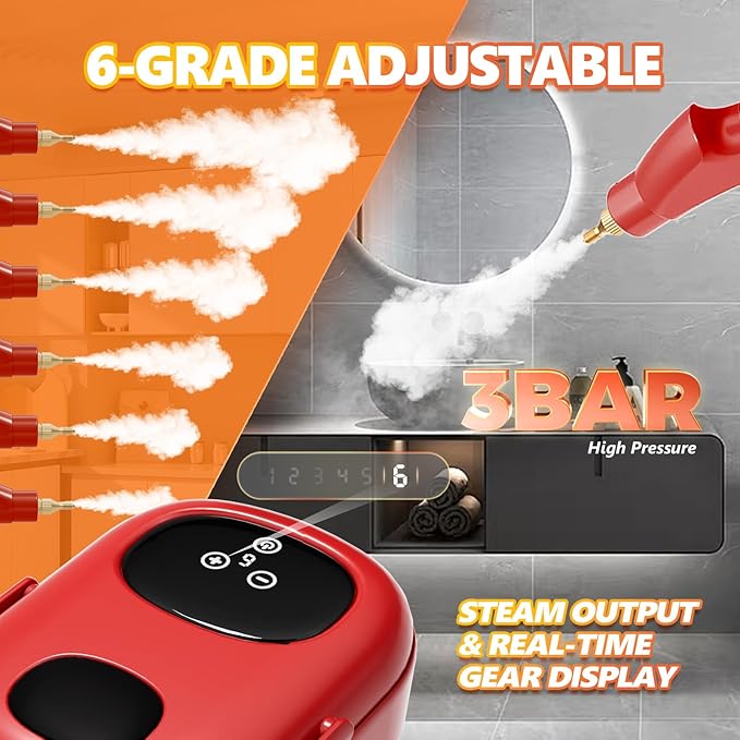 Steam Cleaner 2500W, Multipurpose Steamr for Cleaning, Handheld Steam Cleaner with Brushes, 15s Fast Heating Pressurized Steamer for Home Use, Portable Steamer for Car, Kitchen, Grout, Tile (Red)