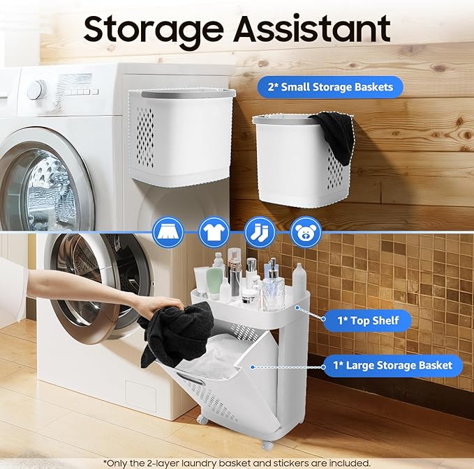 Household Storage Basket, 360° Rolling Movable Laundry Basket,Floor-Standing White Multi-layer Clothes Organizer for Kitchen,living Room and Bathroom (2 Tiers)