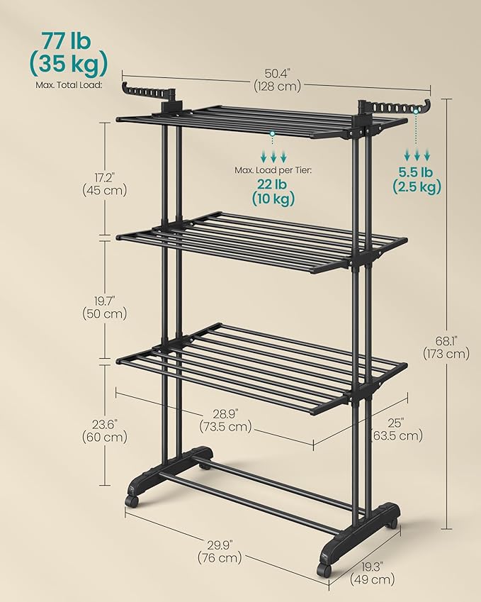 SONGMICS Clothes Drying Rack Stand 4-Tier, Foldable Laundry Drying Rack 68.1-Inch Tall, Stainless Steel, Rolling Clothes Horses Dryer Rack, Easy to Assemble, Indoor Outdoor Use, Ink Black ULLR701B01