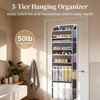 5 Tiers Over Door Organizer with 10 Mesh Side Pockets, 50 lbs Weight Capacity Hanging Storage Organizer with Clear Window Kids Toys, Shoes, Diapers, Dark Gray