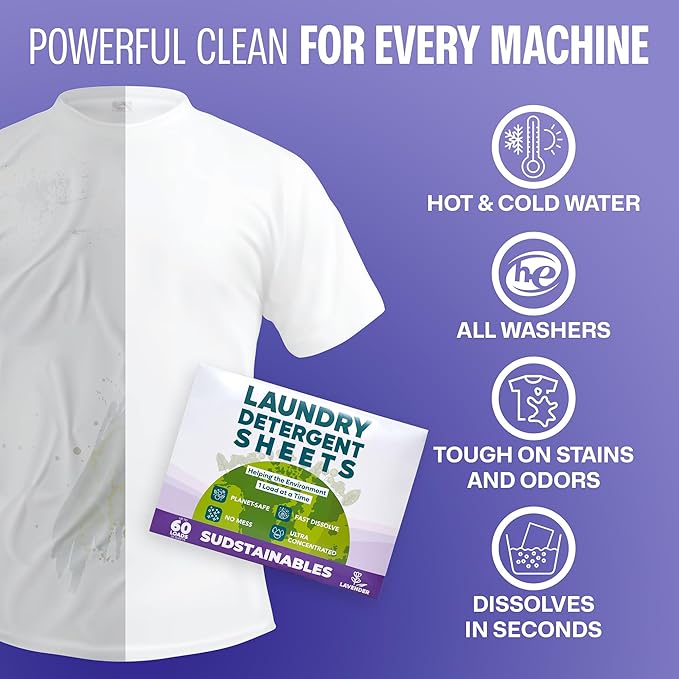 Sudstainables Laundry Detergent Sheets (60 Loads) – Eco-Friendly, Zero Waste, Plastic-Free Laundry Washing Machines Soap Sheets; Dissolvable, Space-Saving Strips for Travel (Lavender)