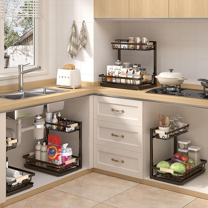 2 Packs Under Sink Organizer, High Adjustable 2 Tier Under Kitchen sink organizer, Multi-Purpose Storage Shelf for Kitchen Bathroom Cabinet (Brown)