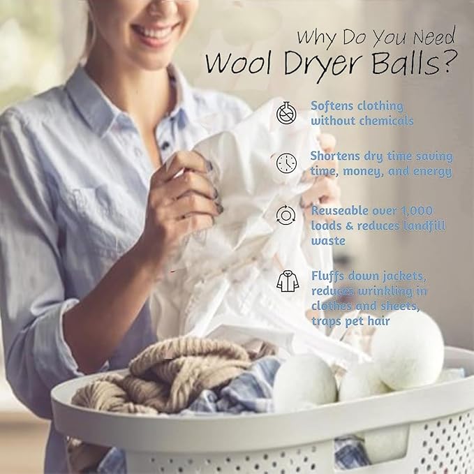 Wool Dryer Balls Laundry Reusable Wool Balls for Dryer Organic Premium New Zealand Wool Natural Fabric Softener Reduce Clothing Wrinkles Drying Clothes Faster Eco-Friendly 6 Pack XL