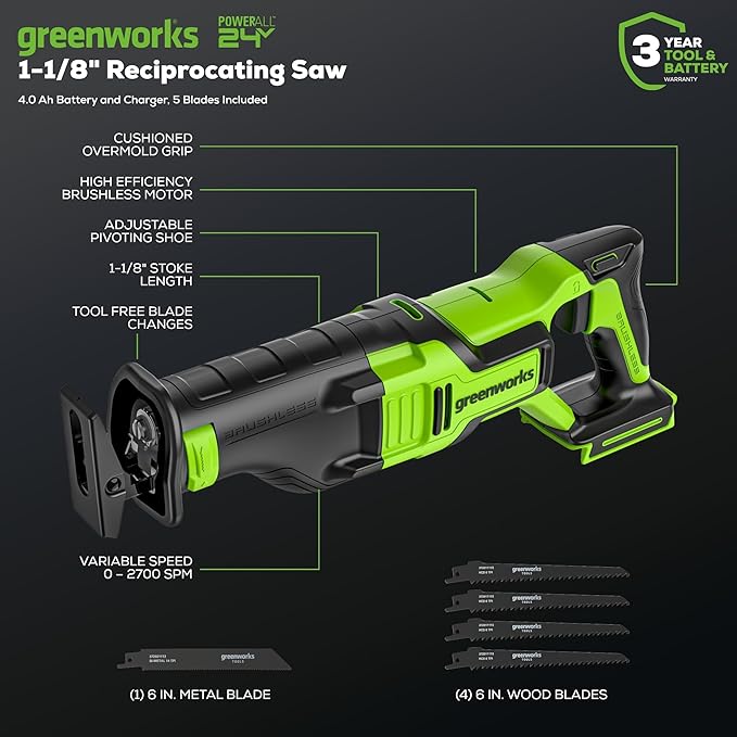 Greenworks 24V Brushless 2-Tool Combo Kit,Cordless Reciprocating Saw+4-1/2" Circular Saw Power Tool Sets Including Battery