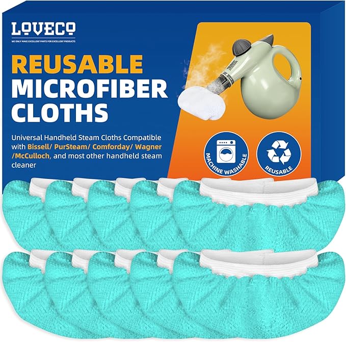 LOVECO 10 Pack Universal Steam Cloths for Handheld Steam Cleaner, Compatible with Bissell Steam Shot, Comforday, Wagner Spraytech etc - Reusable Washable Microfiber Rags - Peacock Blue