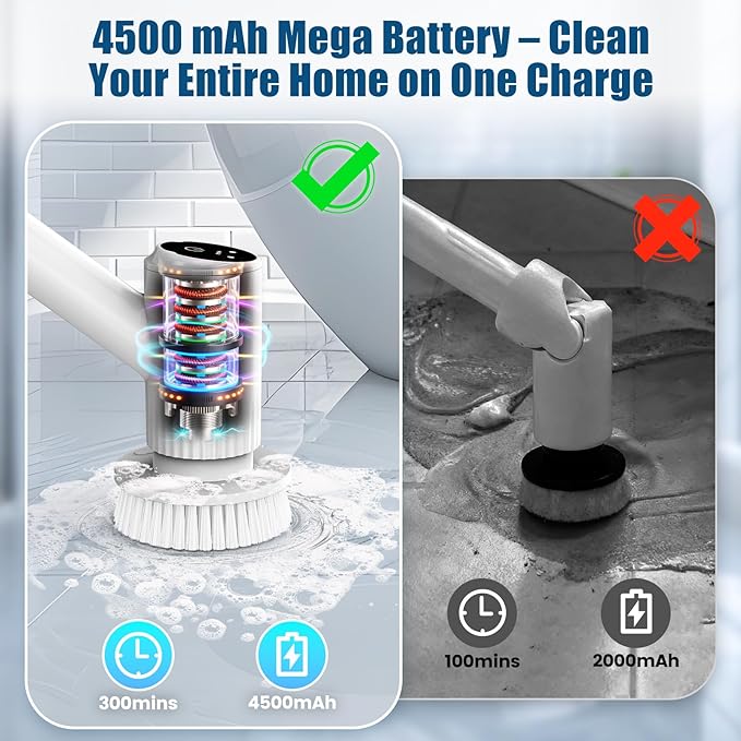 AIRROBO Electric Spin Scrubber, Cordless Electric Scrubber for Cleaning, 300 Mins Runtime, 6 Brush Heads, 47" Adjustable Handle, IPX7 Waterproof for Bathroom, Kitchen, Floors, Tiles, Car Cleaning