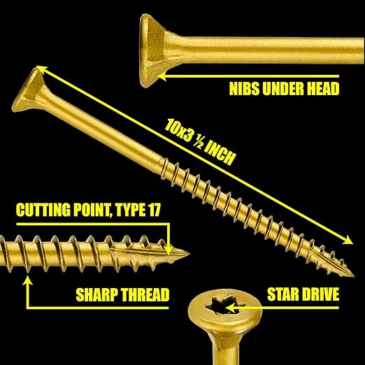 #10 x 3 1/2’’ Wood Screws by Grindy (200pack/3.13LBS) – Self-Drilling Deck Screws I Rust Resistant I Quick Drive & Fast Grip I for Cabinet, Furniture & Other Projects I T25 Star Drive I Bit Included