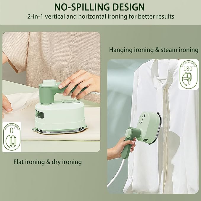 Travel Steam Iron, 180 °Rotating Handle Foldable Hanging Ironing Machine, Portable Mini Dual-Purpose Steam Iron for Both Dry and Wet Use, Essential for School Dormitories & Business Trips (Green)