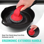 HAUSHOF Cast Iron Scrubber with Long Handle, Chainmail Scrubber Cast Iron Cleaner for Pan, Kitchen Cleaning Kit for Grill, Dutch, Oven