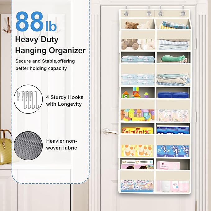 Over The Door Organizer Multi Pocket,5 Tier Large Hanging Shelf for Storage Kids Toys, Diapers, Clothes,Yarn,Heavy Duty Behind Door Storage for Bedroom Bathoom Nursery Closet Pantry,Beige