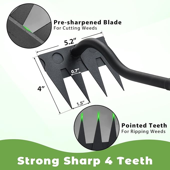 Manual Weeder Tool,4 Tines Garden Weeding Rake with Sharp Blade,55 Inch Long Handle,Heavy Duty Stand Weeding Tool for Weeding Loosening Soil Gathering Leaf Leveling Thatch Rake