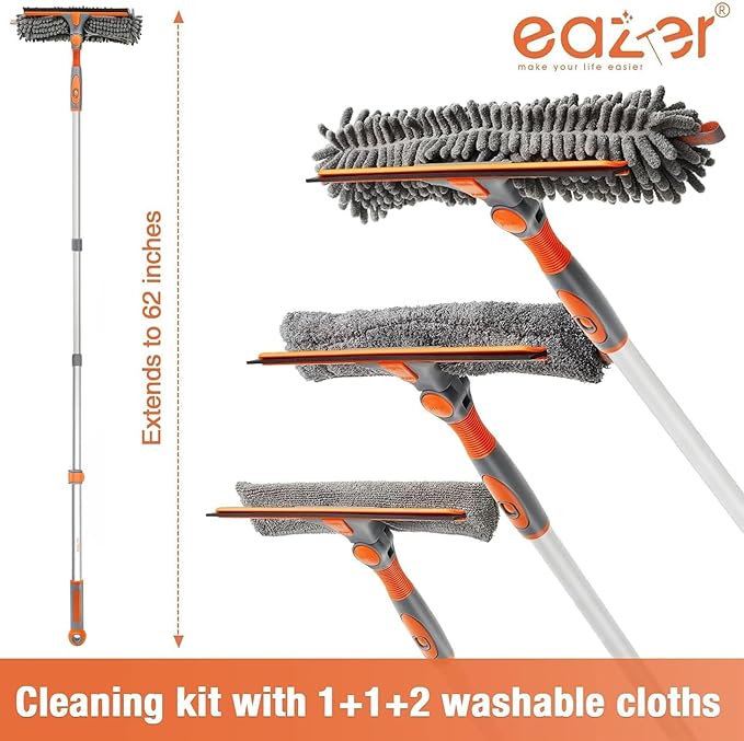 Eazer 2-in-1 Window Cleaner Tool, 64'' Window Squeegee for Home, Window Cleaning Squeegee Kit with Telescopic Pole, Window Washing Kit with Rotatable Bendable Head(Threaded + Telescopic)