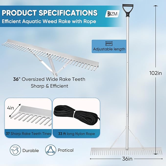 Floating Weed Lake Rake, 36" Aluminum Landscape Rake with Adjustable Handle, 33FT Rope & Float, Weed & Algae Removal of Leaves, Floating Scum, Multifunctional Detachable Aquatic Weed Rake with Gloves