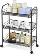 3 Tier Rolling Cart, Rust-Resistant Mesh Wire Metal Utility Cart with Wheels & 4 Side Hooks, Tool-Free Assembly, for Kitchen, Bathroom, Laundry Room, Living Room, Pantry, Dorm