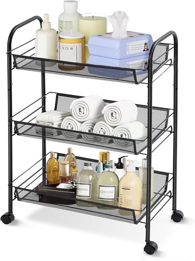 3 Tier Rolling Cart, Rust-Resistant Mesh Wire Metal Utility Cart with Wheels & 4 Side Hooks, Tool-Free Assembly, for Kitchen, Bathroom, Laundry Room, Living Room, Pantry, Dorm