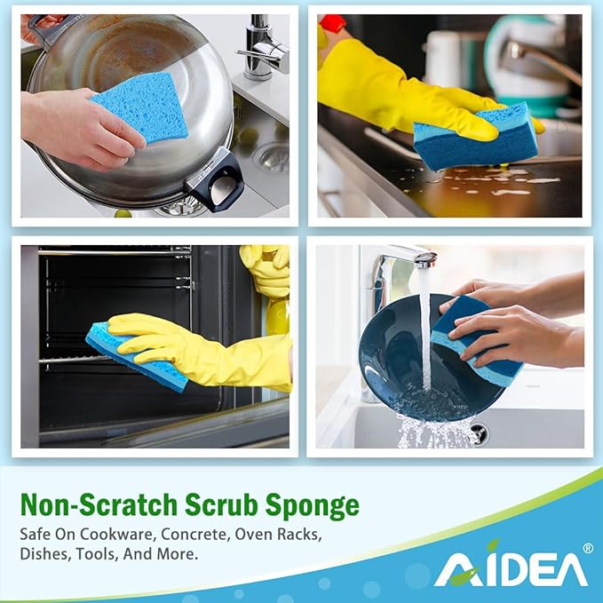 AIDEA Sponges Kitchen, Non-Scratch Scrub Sponge, 6Count, Sponges for Non-Stick Cookware, Kitchen Sponge for Dishes, Cleans Fast Without Scratching, Cleaning Power for Kitchen, Bathroom, Household