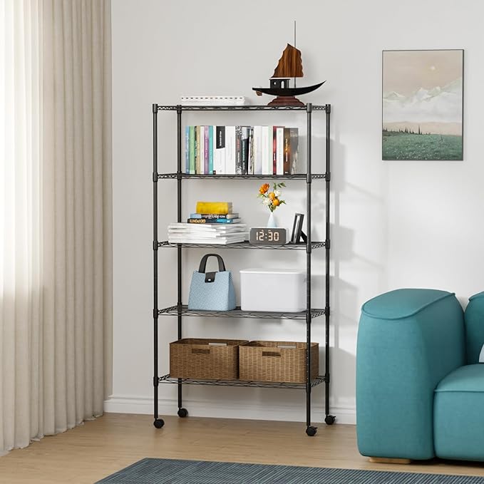 FDW Adjustable Storage Shelves 5-Tier Wire Shelving Unit Heavy Duty Metal Shelves with Wheels 14”Dx30”Wx61”H Storage Shelf Rack for Home Kitchen Commercial, Black