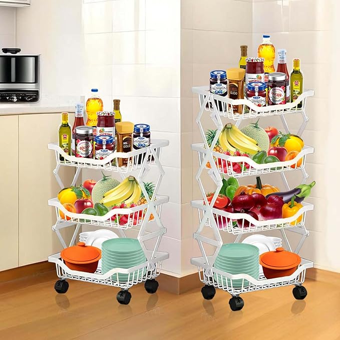 Kitchen Storage Cart, Foldable Rolling Organizer with Wheels White 3 Tiers Compact Shelf for Pantry, Bathroom, Bedroom, 14.17" L x 10.71" W x 21" H