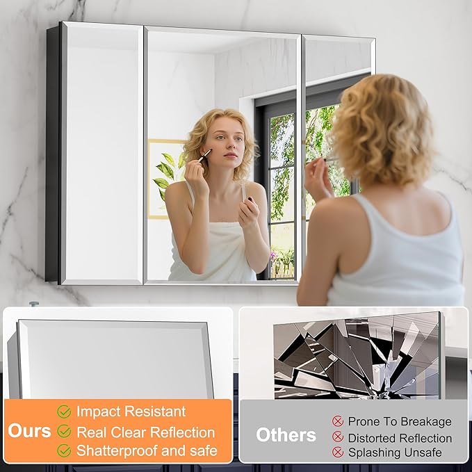 40x30 Inch Medicine Cabinet with Mirror, Aluminum Bathroom Mirror Cabinet, Beveled Edge Mirrored Door, Adjustable Shelves, Surface or Recessed Mount Bathroom Mirrors with Storage, Triple Door,Black