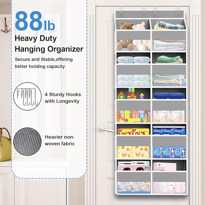 Over The Door Organizer Multi Pocket,5 Tier Large Hanging Shelf for Storage Kids Toys, Diapers, Clothes,Yarn,Heavy Duty Behind Door Storage for Bedroom Bathoom Nursery Closet Pantry,Gray