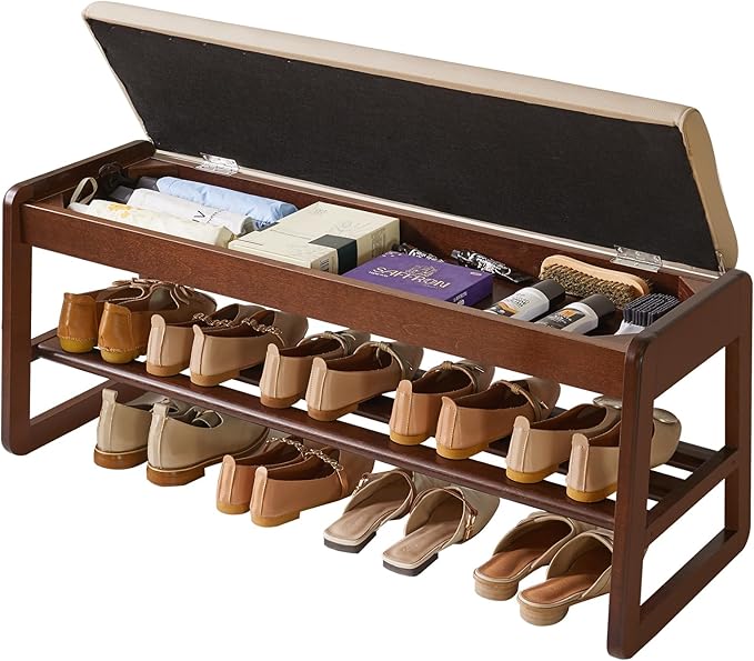 Shoe Rack Bench with Cushion, 2 Tiers Wood Shoe Bench with Flip-Top Storage,39.37in Shoe Rack for Entryway,Hallway,Walnut Color YD-WD062B
