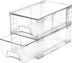 2 Pack Stackable Storage Drawers,Plastic Organizers Bins, Drawers Storage with Handles and Movable Dividers for Organization and Storage in Fridge,Dressers, Pantry, Kitchen Cabinets, Under Sink