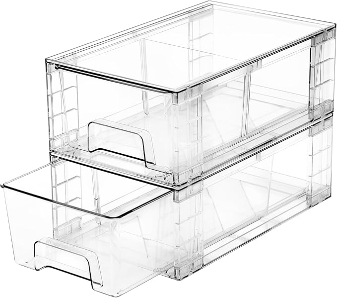 2 Pack Stackable Storage Drawers,Plastic Organizers Bins, Drawers Storage with Handles and Movable Dividers for Organization and Storage in Fridge,Dressers, Pantry, Kitchen Cabinets, Under Sink