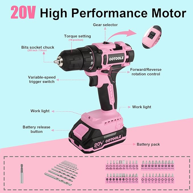 Power Drill Cordless, 273-Piece Power Drill Sets Household Tool Kit, 20V Electric Drill Sets Repairing Kit, Electric Screwdriver Driver Tool Kit with Charger and Storage Bag(Pink)