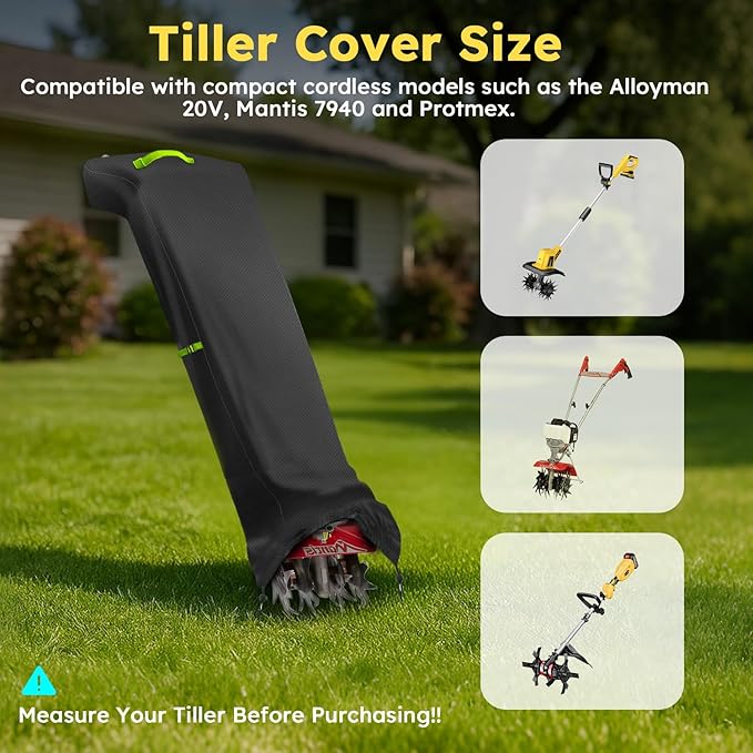 Tiller Cover, Rototiller Covers, 420D Silver-Coated Waterproof Fabric, Adjustable Drawstring Hem, Green Handle & Rear Waist Band – Fits Most Tillers (Black, Cordless Tiller Cover)