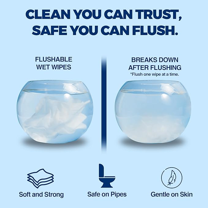 Air Jungles Flushable Wipes 6 Pack, 300 Wipes, Extra Large 7"x7", Gentle Cleansing Adult Wet Wipes, Fresh Scent, Moisturizing with Aloe Vera & Vitamin E