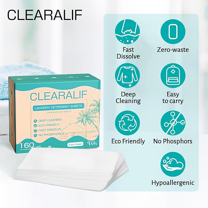 CLEARALIF Laundry Detergent Sheets, Fresh ocean, 160 Load, CLEARALIF Laundry Detergent Strips Eco Friendly & Hypoallergenic
